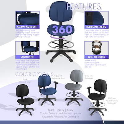 Regency Comfort Series Armless Fabric Drafting Chair with Footrest and Lumbar Support, Navy Blue (105-DK-NV)