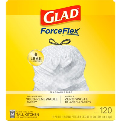 Glad ForceFlex Tall 13 Gallon Kitchen Drawstring Trash Bags, White, 120/Box (78564)