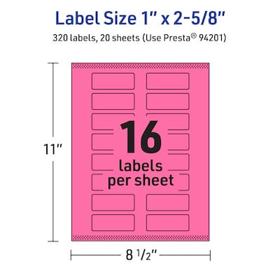 Avery Rectangle Laser/Inkjet Multipurpose Labels, 1" x 2-5/8", Bright Pink (320/Pack)