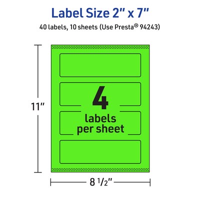 Avery Laser/Inkjet Multipurpose Rectangle Labels, 2" x 7", Neon Green, 40/Pack (94243)