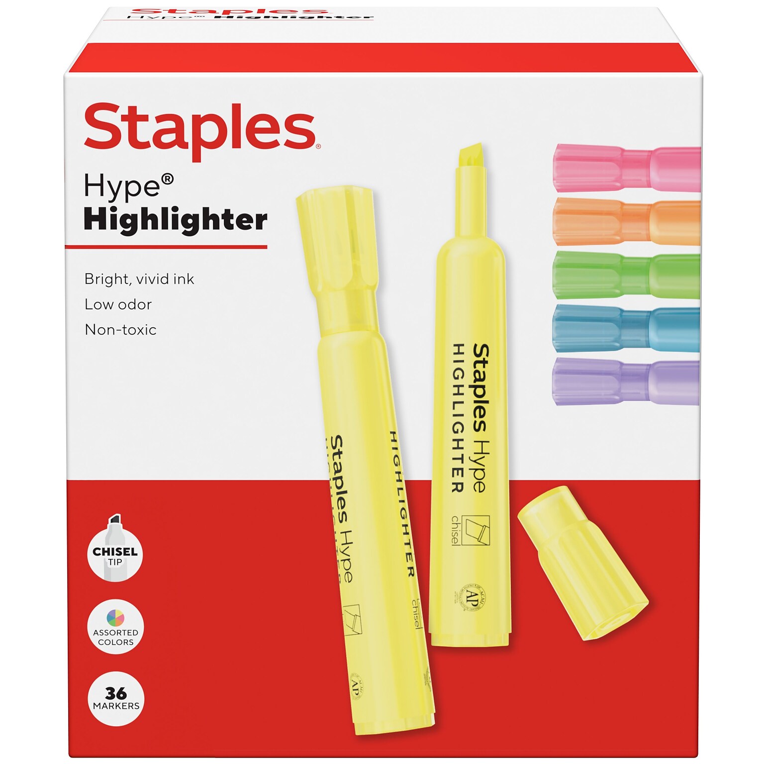 Staples Hype Tank Highlighter, Chisel Tip, Assorted, 36/Pack (ST62946)