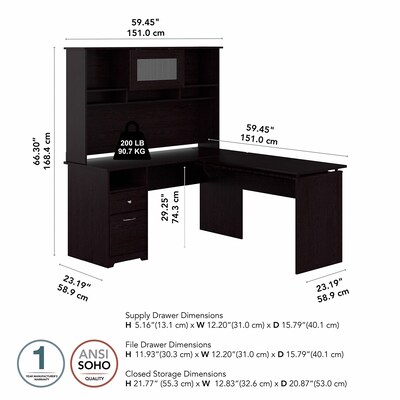Bush Furniture Cabot 60"W 3 Position Sit to Stand L Shaped Desk with Hutch, Espresso Oak (CAB045EPO)