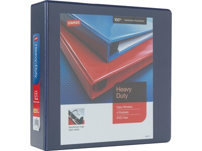 Staples Heavy-Duty View Binder, 3 D-Ring, Blue, Reinforced Spine, High-Capacity 3-Ring Binder for School & Office Organization