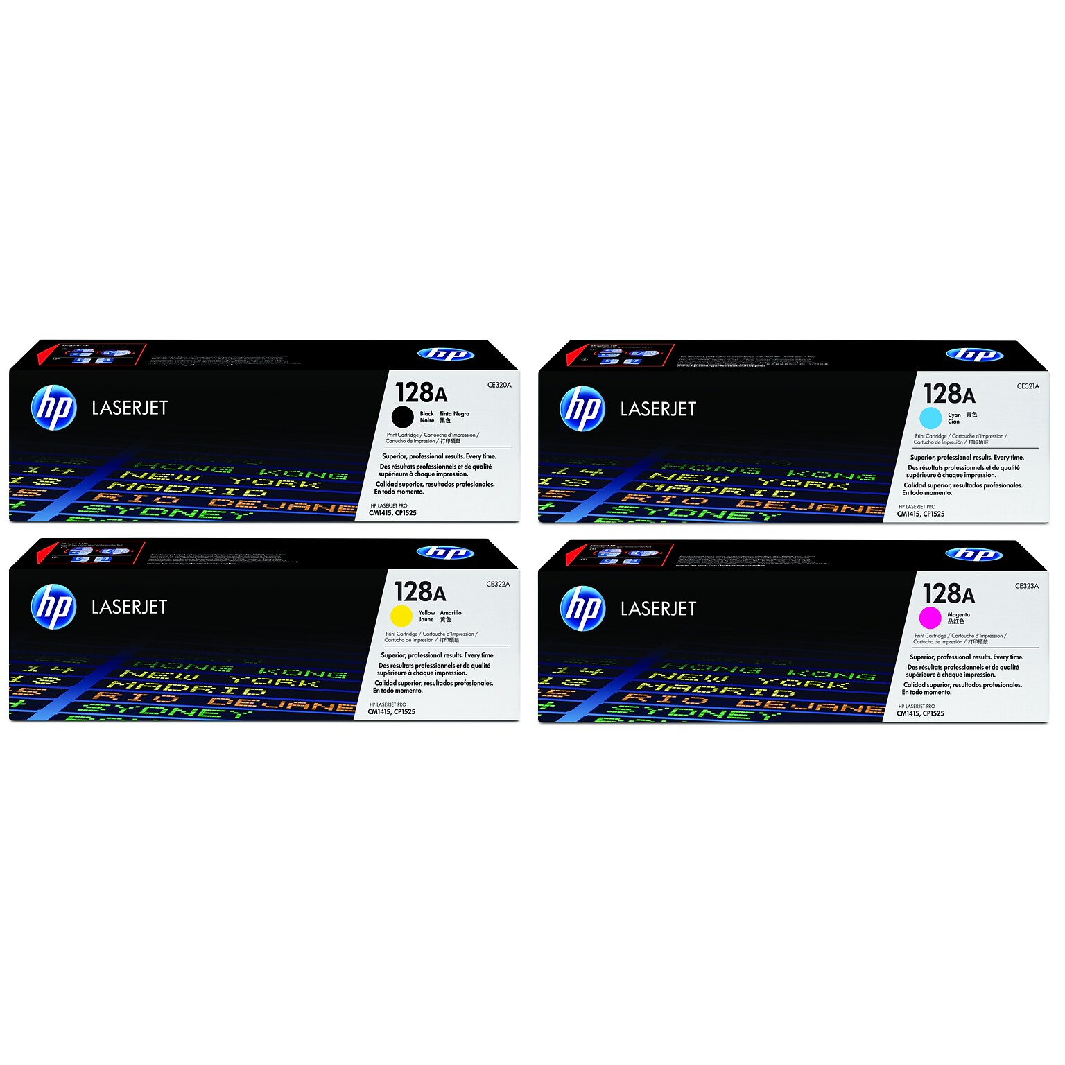 HP 128A Black/Cyan/Magenta/Yellow Standard Yield Toner Cartridge Set, 4/Pack
