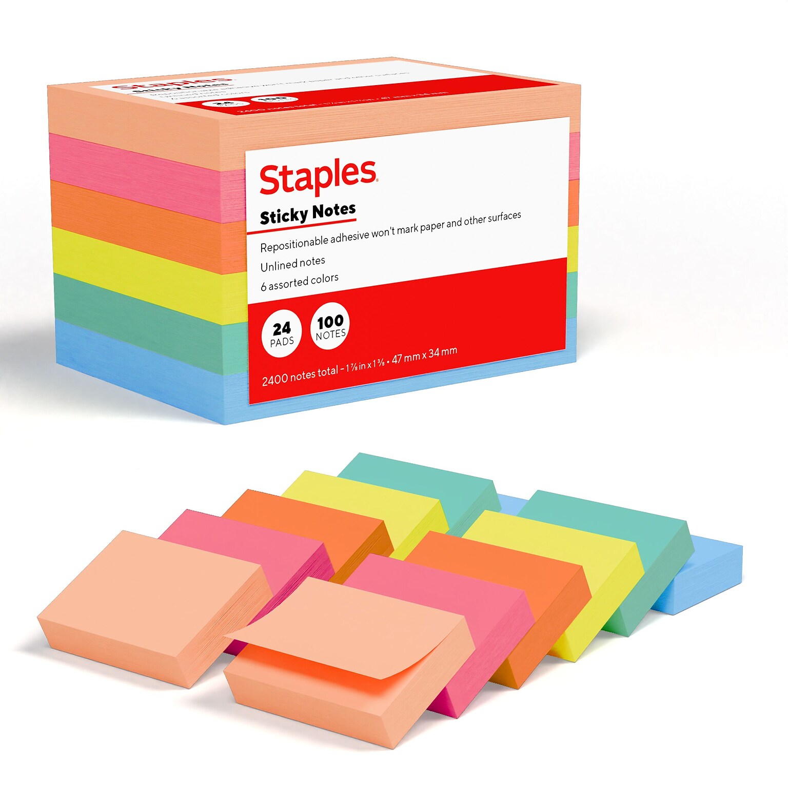 Staples Sticky Notes, 1 3/8 x 1 7/8, Golden Hour Collection, 100 Sheets/Pad, 24 Pads/Pack (ST62863)