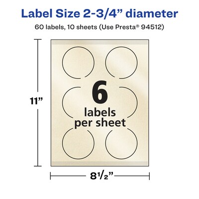 Avery Pearlized Ivory Circle Multipurpose Labels, 2.75" Dia., Ivory, 60/Pack (94512)