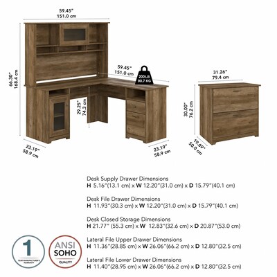 Bush Furniture Cabot 60"W L Shaped Computer Desk with Hutch and Lateral File Cabinet, Reclaimed Pine (CAB005RCP)