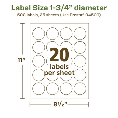 Avery EcoFriendly Laser/Inkjet Circle Multipurpose Labels, 1-3/4" Dia., White, 500/Pack (94509)