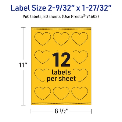 Avery Heart Laser/Inkjet Multipurpose Labels, 2-9/32" x 1-27/32", Bright Yellow (960/Box)