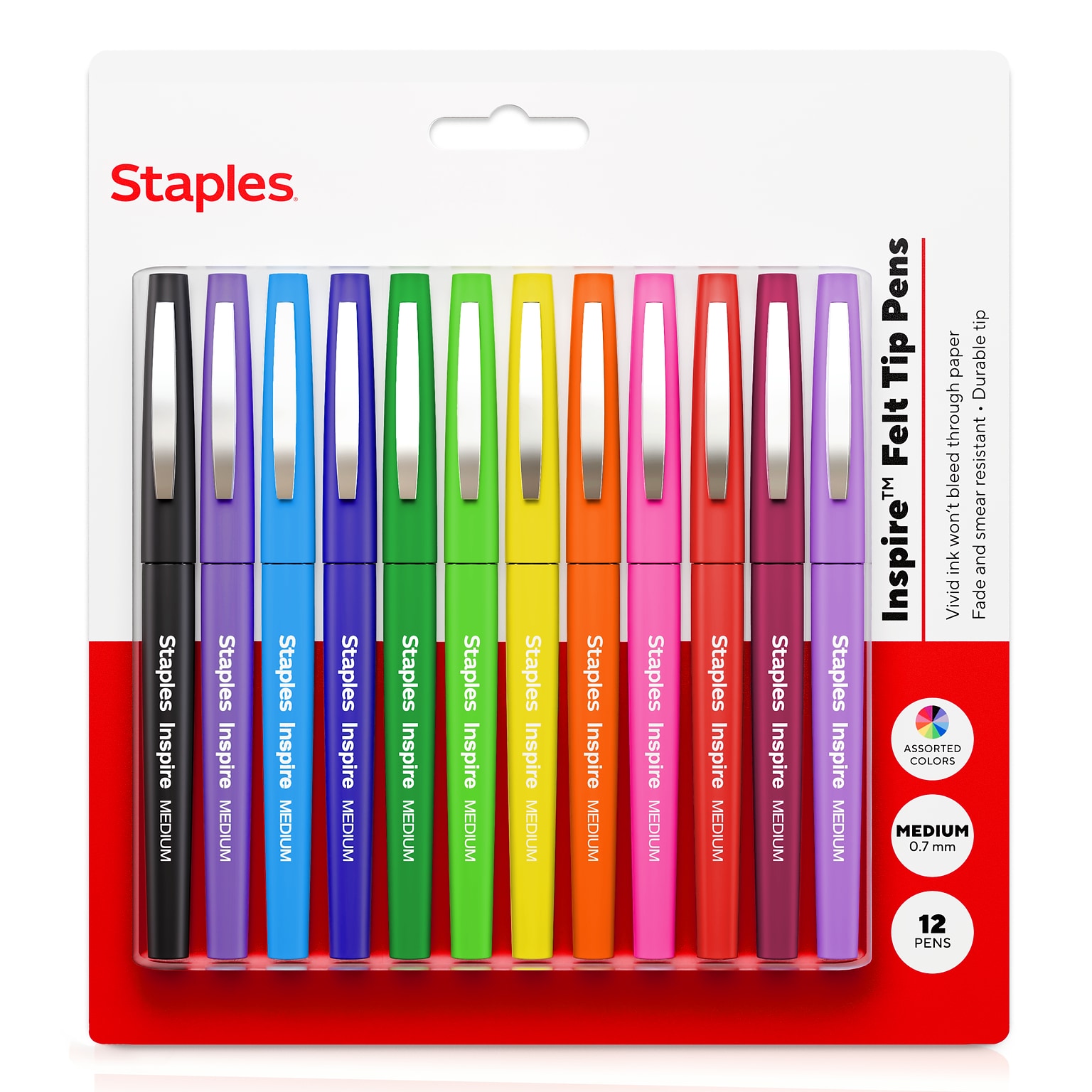 Staples Inspire Felt Tip Pen, Medium Point, 0.7mm, Assorted Ink, Dozen (ST63326)