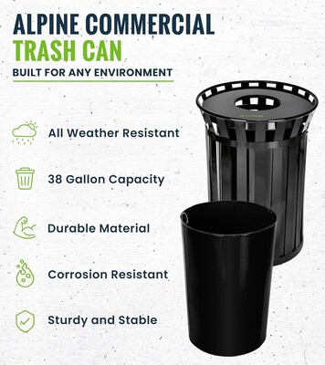 Alpine Industries Metal Trash Can, 38 Gallon, Black (479-38)