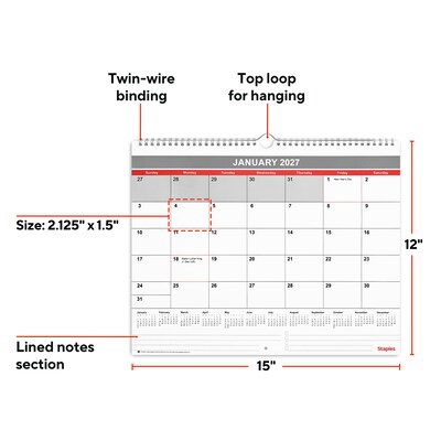 2027 Staples 15" x 12" Monthly Wall Calendar, White/Red/Gray (ST52080-27)