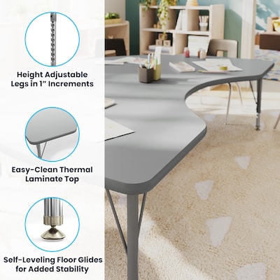 Flash Furniture Wren Kidney Activity Table, 72" x 48", Height Adjustable, Gray Top/Silver Frame (XUA4872KDGYTP)
