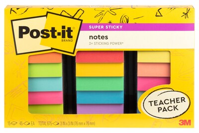 Post-it Super Sticky Notes, 3 x 3, Assorted Collection, 45 Sheets/Pad, 15 Pads/Pack (654-15SSBTS-SR)
