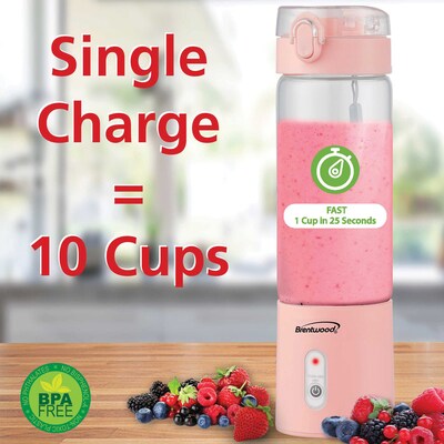 Brentwood 17-Oz. Portable Battery-Operated USB-Chargeable Glass Blender, Pink (RJB-100PK)