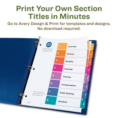 Avery Ready Index Table of Contents EcoFriendly Paper Dividers, 1-8 Tabs, Multicolor, 3 Sets/Pack (11081)