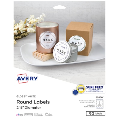 Avery Print-to-the-Edge Laser/Inkjet Labels, 2 1/2 Diameter, White, 9 Labels/Sheet, 10 Sheets/Pack,