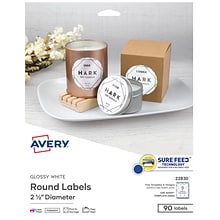 Avery Print-to-the-Edge Laser/Inkjet Labels, 2 1/2 Diameter, White, 9 Labels/Sheet, 10 Sheets/Pack,