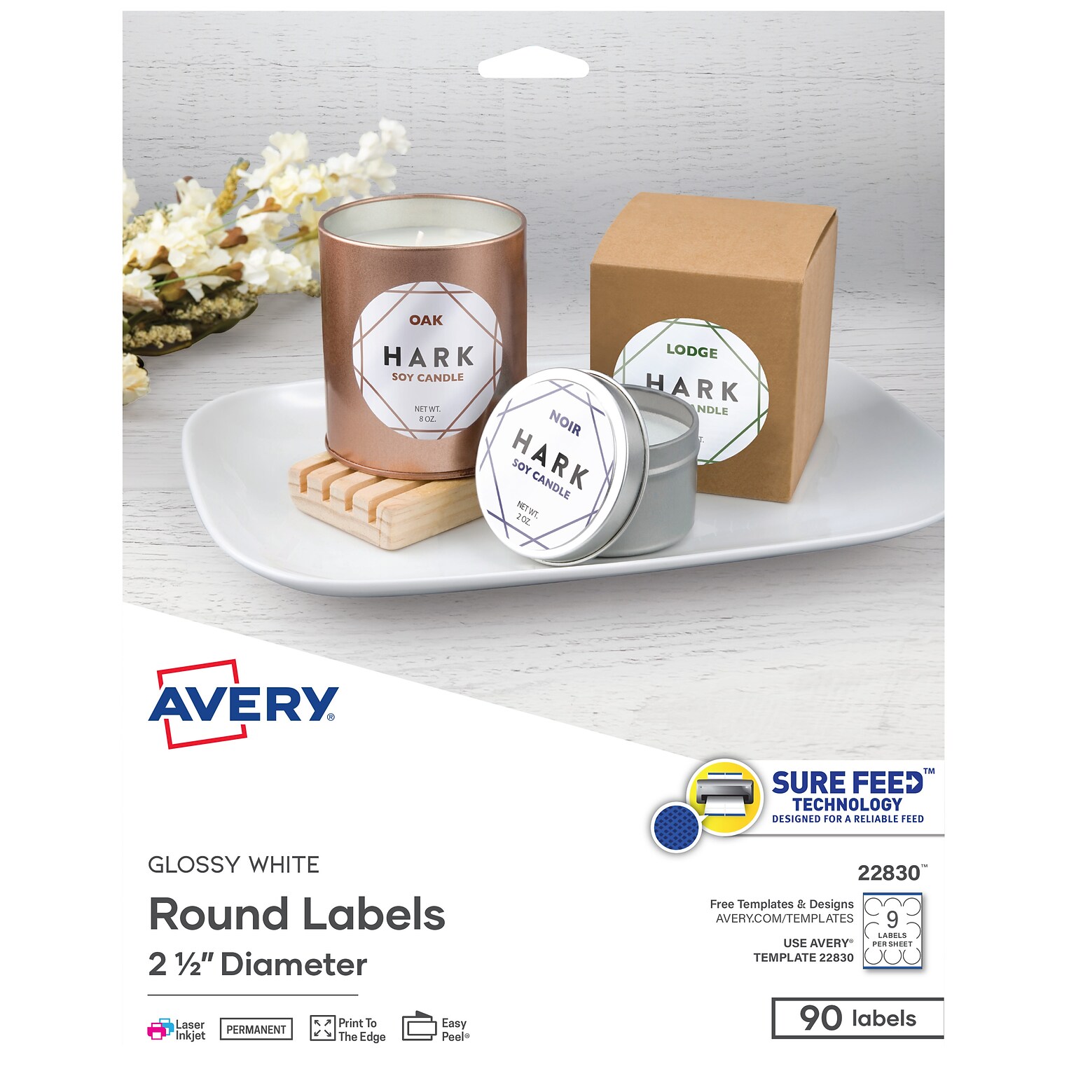 Avery Print-to-the-Edge Laser/Inkjet Round Labels, 2 1/2 Dia, Glossy White, 90 Labels/Pack (22830)
