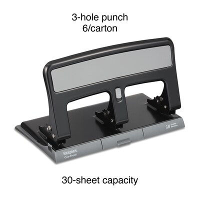 Staples One-Touch 3-Hole Punch, 30 Sheet Capacity, Black, 6/Case (26614)