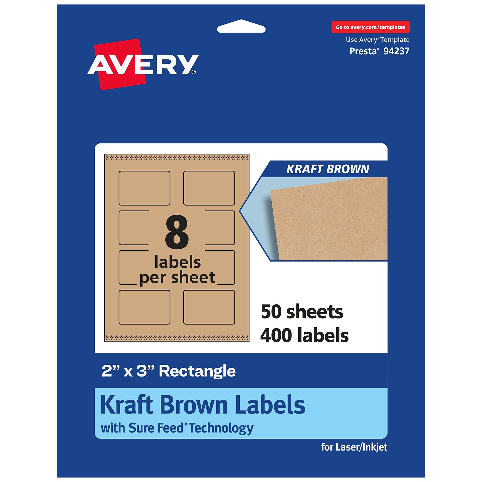 Avery Rectangle Labels, 2 x 3, Kraft Brown, 400 Labels/Box (94237)