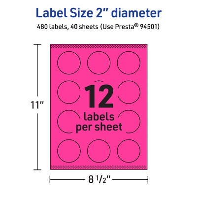 Avery Laser/Inkjet Round Multipurpose Labels, 2" Dia., Neon Magenta, 480/Pack (94501)