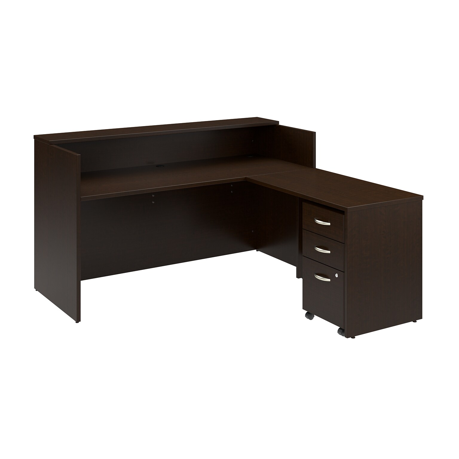 Bush Business Furniture Arrive 72W L Shaped Reception Desk with Shelf and Mobile File Cabinet, Mocha Cherry (ARV007MR)