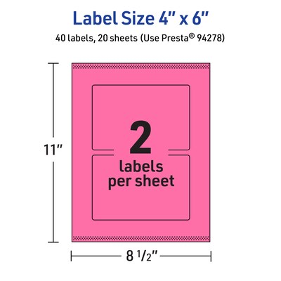 Avery Laser/Inkjet Rectangle Multipurpose Labels, 4" x 6", Bright Pink, 40/Pack (94278)