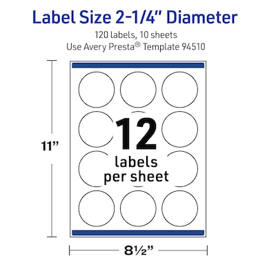 Avery Round Laser Multipurpose Labels, 2.25" Dia., White, 120/Pack (19479399440)