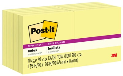 Post-it Super Sticky Notes, 3 x 3, Canary Yellow, 90 Sheets/Pad, 10 Pads/Pack (654-10SSCY)