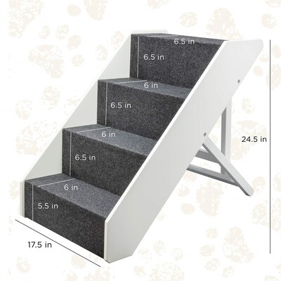 Arf Pets Foldable Wood Dog & Cat Stairs, 4 Levels Height Adjustment, White (APSTPSWH)
