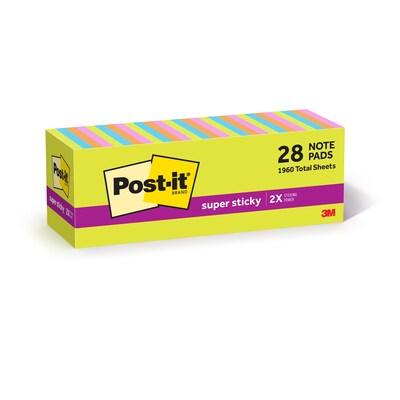 Post-it Super Sticky Notes, 3 x 3, Assorted Brights Collection, 70 Sheet/Pad, 28 Pads/Pack (654-28SSBRT-CP)