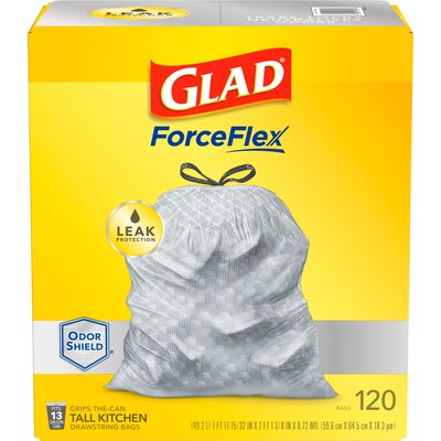 Glad ForceFlex OdorShield 13 Gallon Kitchen Trash Bag, 23.75 x 25.4, Low Density, 0.72 mil, Gray,