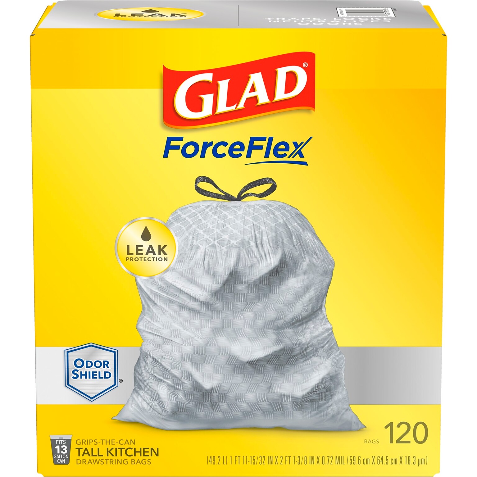 Glad ForceFlex OdorShield 13 Gallon Kitchen Trash Bag, 23.75 x 25.4, Low Density, 0.72 mil, Gray, 120 Bags/Box (79158)