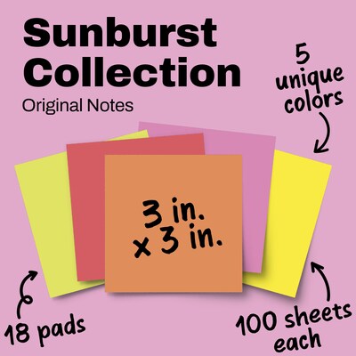 Post-it Notes, 3" x 3", Sunburst Collection, 100 Sheet/Pad, 18 Pads/Pack (654-18SUN-CP)