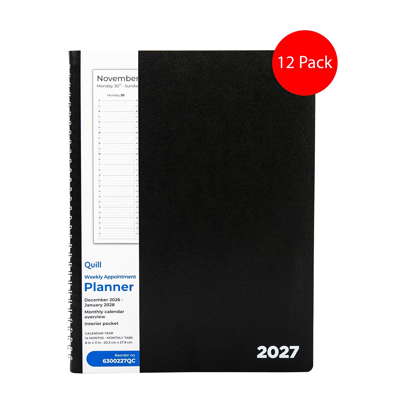 2027 Quill Brand® 8 x 11 14-Month Monthly/Weekly Planner, Black 12 Pack (63002-27-QCC)