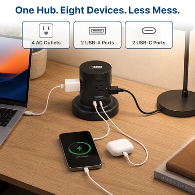 Uncaged Ergonomics Retractable Power Strip with USB-C, 4 AC Outlets, 4 USB Ports and 6ft Retractable Cord, Black (RC-black)