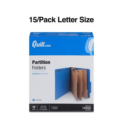 Quill Brand® 2/5-Cut Tab Pressboard Classification File Folders, 3-Partitions, 8-Fasteners, Letter, Blue, 15/Box (744026)