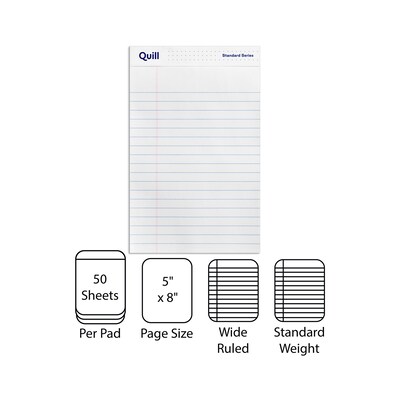 Quill Brand® Standard Series Legal Pad, 5 x 8, Wide Ruled, White, 50 Sheets/Pad, 12 Pads/Pack (742