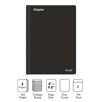 Staples Premium 2-Subject Notebook, 6" x 9.5", College Ruled, 100 Sheets, Black (TR58325)