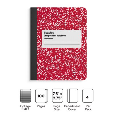 Staples® Composition Notebooks, 7.5 x 9.75, College Ruled, 100 Sheets, Assorted Colors, 4/Pack (ST