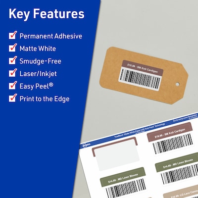 Avery TrueBlock Laser/Inkjet Rectangle Multipurpose Labels, 1-13/16 x 2-3/16, White, 600/Box (94233)