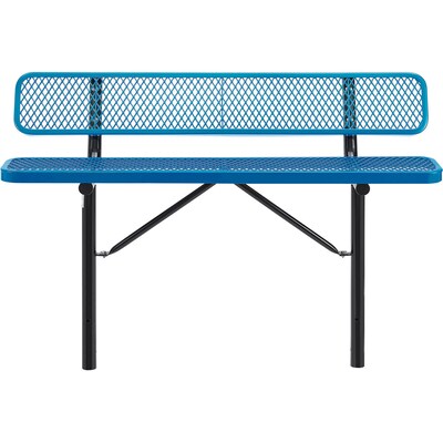 Global Industrial 6 Outdoor Steel Bench w/ Backrest, Expanded Metal, In Ground Mount, Blue (277154I