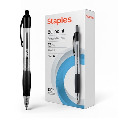 Staples® Retractable Ballpoint Pens, Fine Point, 0.7mm, Black Ink, Dozen (50786-CC)