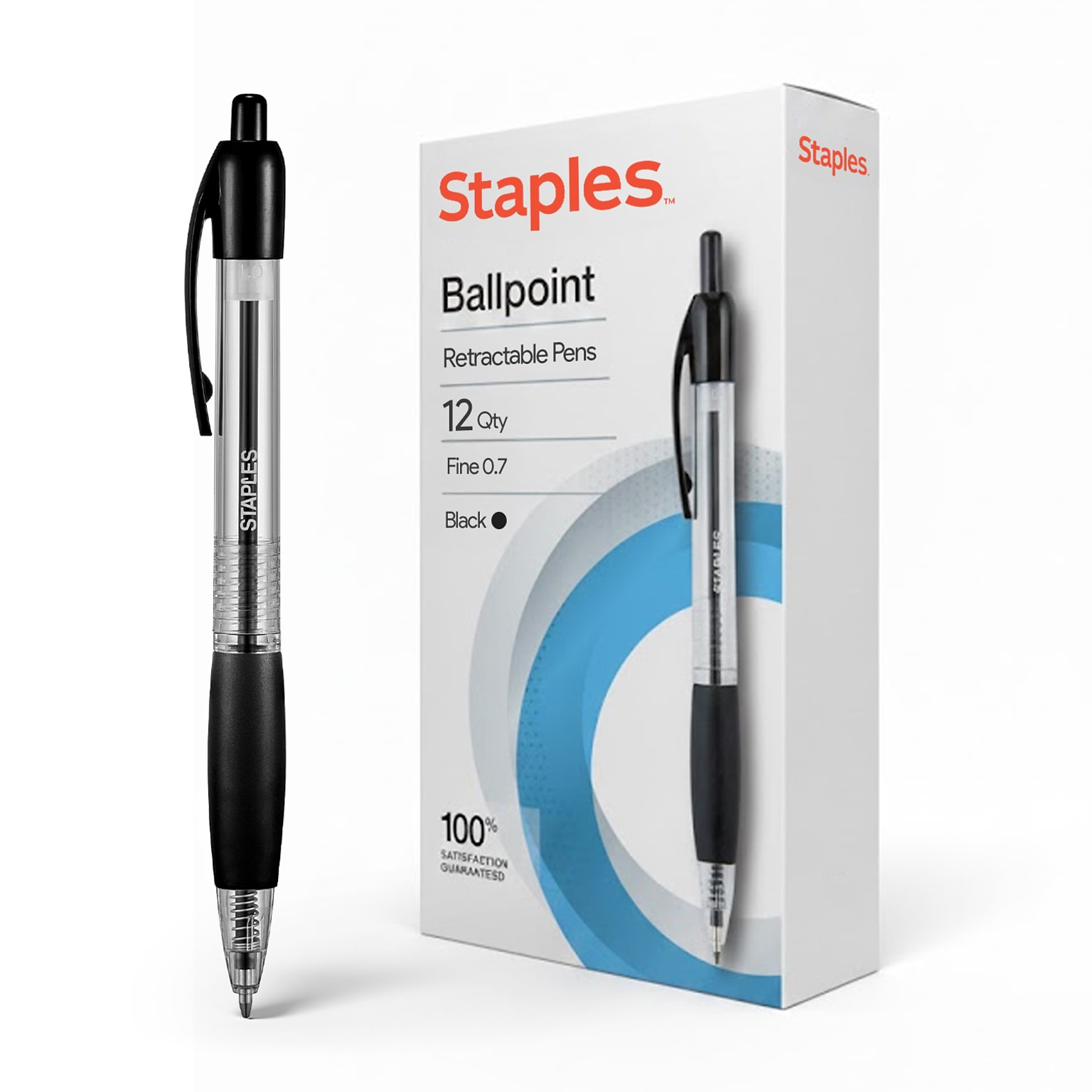 Staples® Retractable Ballpoint Pens, Fine Point, 0.7mm, Black Ink, Dozen (50786-CC)