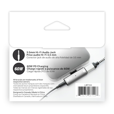 LBT 3.5-mm to USB-C Headphone Jack Adapter with 60-Watt PD Charging USB-C Port, Gray (LBT133)