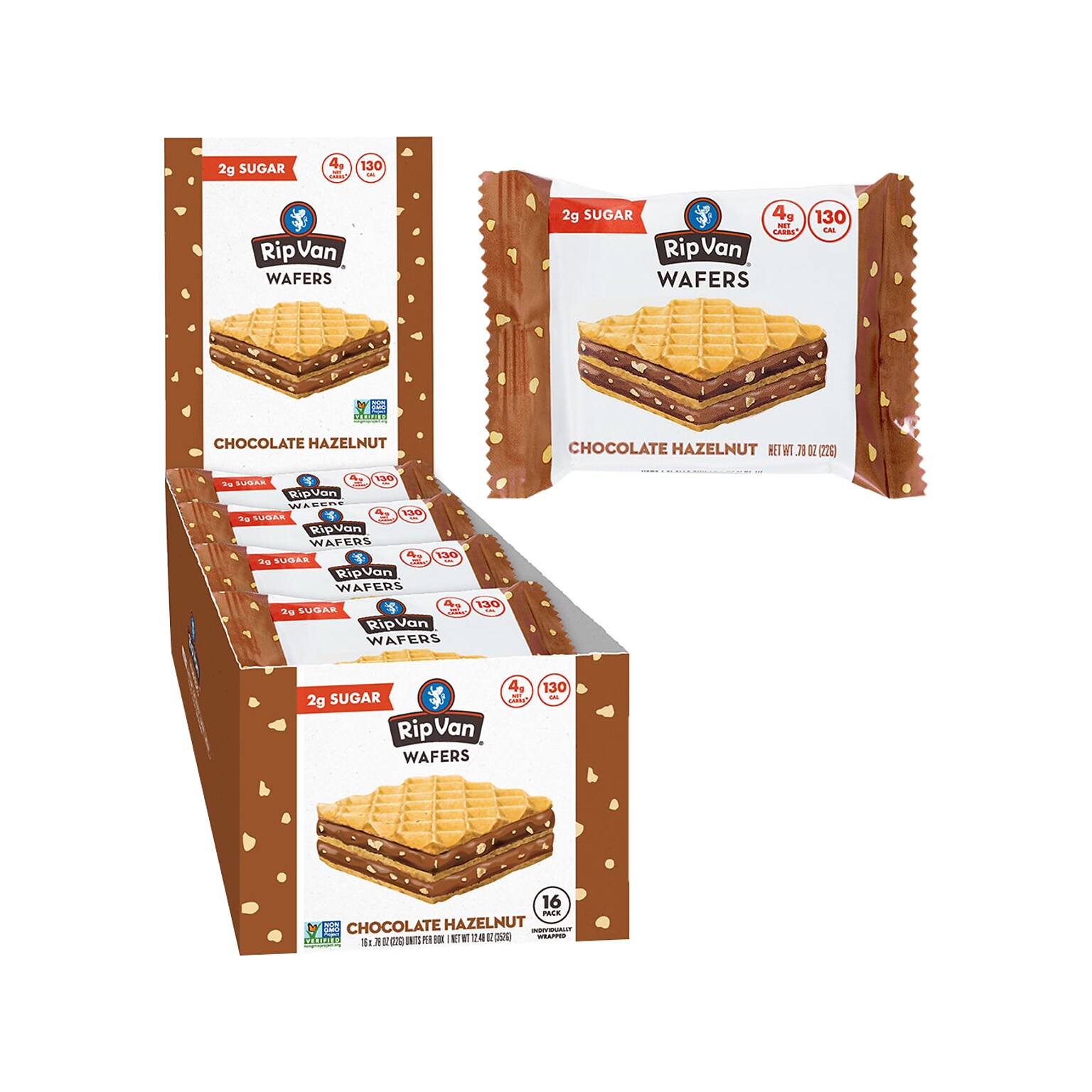 Rip Van Chocolate Hazelnut Wafers, 0.78 oz., 16 Packs/Box (5191)