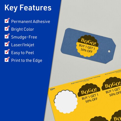 Avery Round Scalloped Laser/Inkjet Multipurpose Labels, 2.5 Dia, Bright Yellow (360/Box)