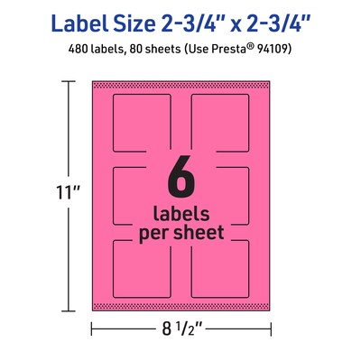 Avery Laser/Inkjet Square Multipurpose Labels, 2.75" x 2.75", Bright Pink, 480/Box (94109)