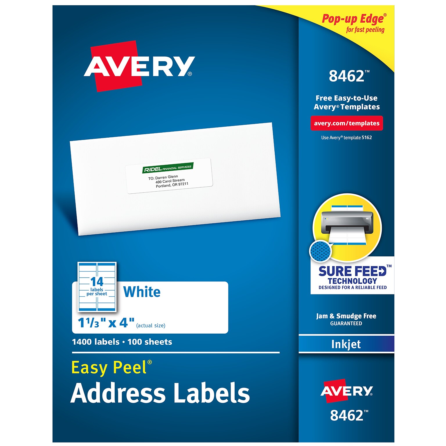 Avery Easy Peel Inkjet Address Labels, 1-1/3 x 4, White, 1,400 Labels/Box (8462)